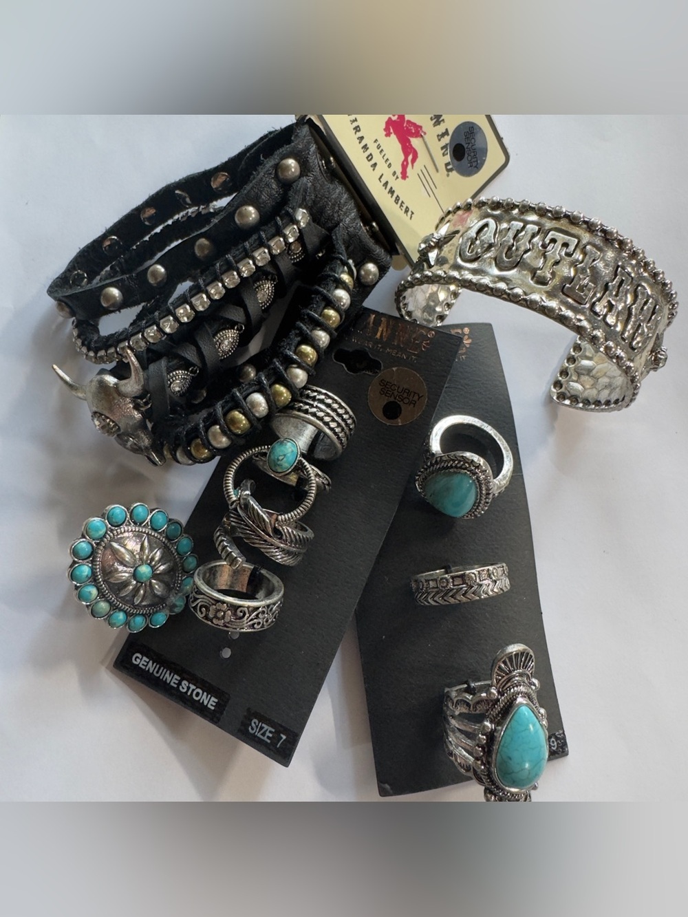 Turquoise Stone Silver-Tone Ring Set (8 pcs.) and Mixed Metal OUTLAW Bracelet